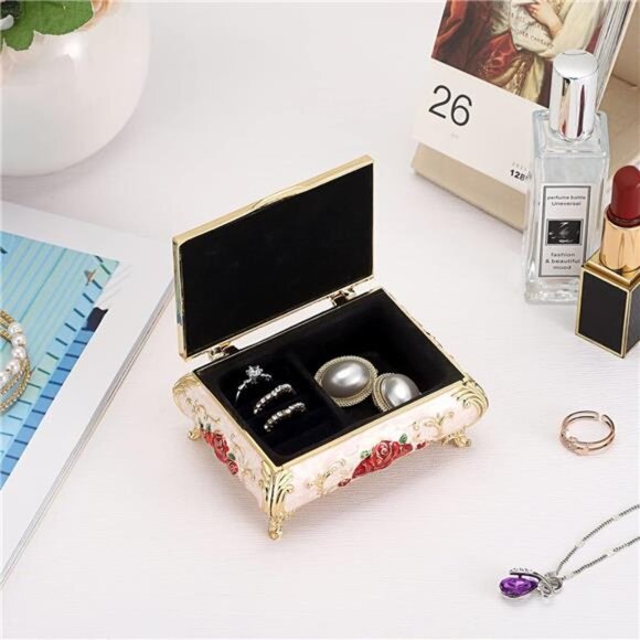 Vintage Metal Jewelry Box Small Treasure Chest Case Trinket Organizer Earrings - Picture 3 of 8